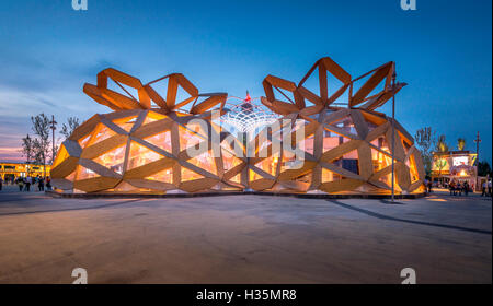 Vue extérieure du pavillon Copagri à l'Expo 2015 à Milan, en Italie par les architectes Miralles Tagliabue EMBT. Banque D'Images