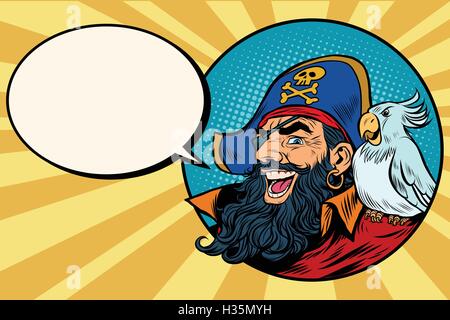 Heureux pirate avec un perroquet, pop art comic bubble Illustration de Vecteur