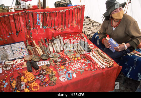 Femme tibétaine avec un masque de visage souvent utilisé pour empêcher l'inhalation de particules de poussière à son stand de souvenirs dans la ville de Darchen. Darchen n'est pas un bel endroit- dispose d'un wild west -feel to it où les gens acheter des fournitures,pour aller autour de Mont Kailash, et installent des stands de vente de souvenirs. Banque D'Images