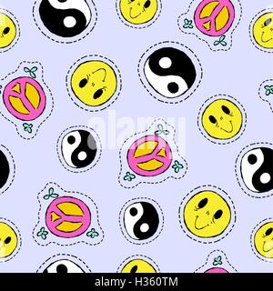 Hand drawn seamless pattern avec retro 90s style patch d'icônes. Smiley Face, Ying Yang symbole et signe de paix à l'arrière-plan. EPS10 vec Illustration de Vecteur