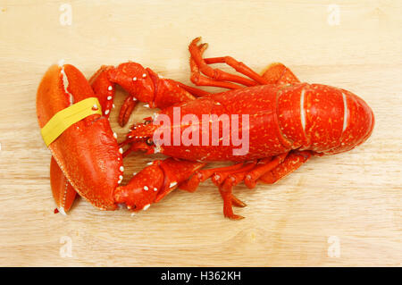 Ensemble de homard cuit sur une planche à découper en bois, vue du dessus Banque D'Images