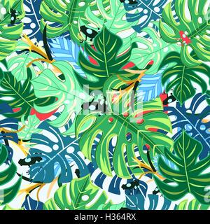 Motif graphique avec des feuilles monstera et des grenouilles sur un fond clair Illustration de Vecteur