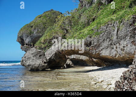 Falaise calcaire érodé avec une arche naturelle sur la rive de l'île de Rurutu, l'océan Pacifique, l'archipel des Australes, Polynésie Française Banque D'Images