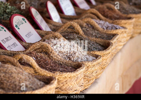 Les paniers en osier bourré d'herbes curatives médicinales Banque D'Images