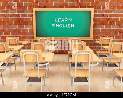 Moteur de rendu 3d image. Salle de classe vide et tableau sur l'apprentissage de l'anglais. Concept de l'éducation. Banque D'Images