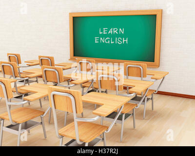 Moteur de rendu 3d image. Salle de classe vide et tableau sur l'apprentissage de l'anglais. Concept de l'éducation. Banque D'Images