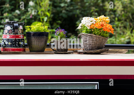 Barge roof top garden pots UK, à côté d'Anderton à bateau rivière Weaver Navigation Banque D'Images