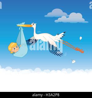 Stork Delivering Baby bébé Livraison Cigogne Volant Illustration de Vecteur