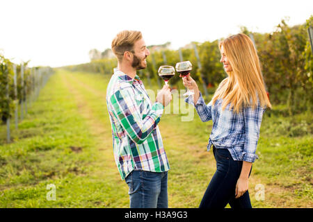 Young happy couple holding verres de vin dans le champs de raisin Banque D'Images