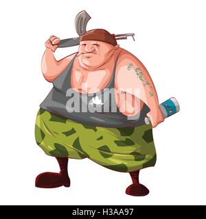 Colorful vector illustration d'un cartoon fat / rebelles ivres de guérilla séparatiste fighter tenant une bouteille de vodka, fumer un cigare Illustration de Vecteur