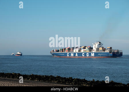 Porte-conteneurs CMA CGM met les voiles à la mer du Nord à partir de l'Europoort près de Rotterdam Pays-Bas, Holland Banque D'Images