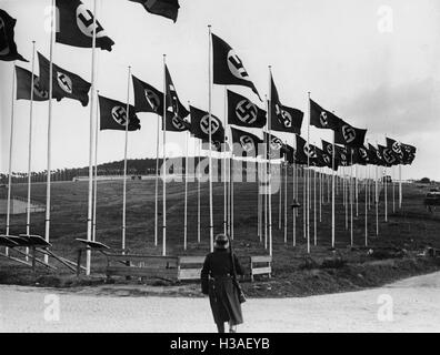 Champ avec des drapeaux à croix gammée Banque D'Images