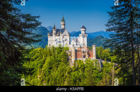 Vue avant de l'Unique célèbre château de Neuschwanstein près de la ville de Fussen lors d'une journée ensoleillée en été, Bavière, Allemagne Banque D'Images