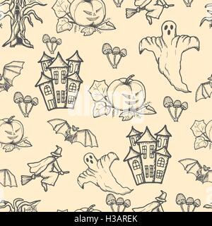 Hand drawn doodle motif transparente Halloween. Stylo dessin des objets noirs. Illustration de Vecteur
