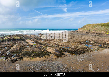 Widemouth Sable sur la côte nord des Cornouailles à Widemouth Bay. L'Angleterre. Banque D'Images