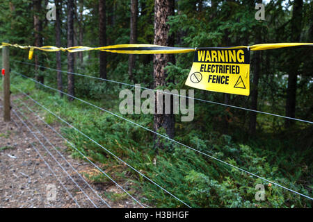 Selective focus sur une clôture électrifiée panneau d'avertissement à un site de camping pour éloigner les ours dans la nature. Banque D'Images