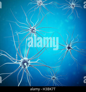 Les signaux de transmission des neurones dans la tête sur fond bleu. Synapse, le rendu 3D Banque D'Images