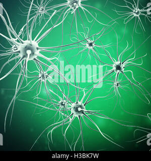 Les signaux de transmission des neurones dans la tête sur fond vert. Synapse, le rendu 3D Banque D'Images