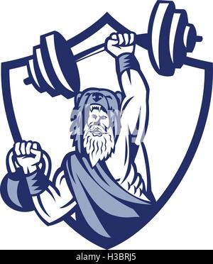 Illustration d'un berserker, un champion Norse warrior portant des peaux de levage à la peau d'ours et d'haltères kettlebell vue de l'avant à l'intérieur de la crête de l'écran sur fond isolé fait en style rétro. Illustration de Vecteur