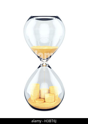 Time is money concept avec la chute du sable en prenant la forme d'une pile de pièces de monnaie. Le rendu 3D Banque D'Images