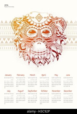 Calendrier avec Fiery singe sur un fond clair Illustration de Vecteur