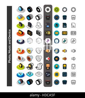 Ensemble d'icônes de styles - télévision isométrique et otline, colorés et les versions noir Illustration de Vecteur