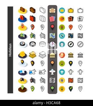 Ensemble d'icônes de styles - télévision isométrique et otline, colorés et les versions noir Illustration de Vecteur