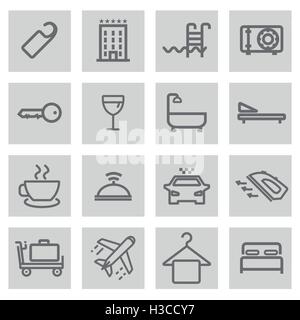 Vector black line hotel icons set sur fond gris Illustration de Vecteur