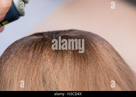 Pulvérisé avec cheveux hairspray et dropplets visible sur la fibre capillaire, coiffure avant la compétition sportive. Banque D'Images