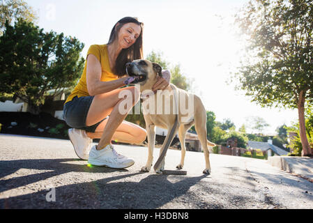 Hauts femme portant des shorts, à genoux dans la rue, de caresser un chien. Banque D'Images
