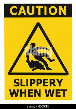 Attention glissante lorsque mouillée, signe Texte Jaune Noir Surface de plancher isolé Triangle d'avertissement de danger l'icône Sécurité Signalisation, grand Banque D'Images