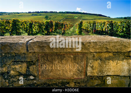 Plaque de pierre gravée dans mur de Richebourg vignoble de domaine de la Romanée-conti, Richebourg, Cote d'or, Banque D'Images