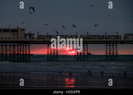 Worthing, Sussex, UK. 7 octobre, 2016. 07/10/2016 bord de mer, à Worthing. Un aperçu d'un rouge lumineux soleil, il s'élève au-dessus de l'horizon et est immédiatement englouti dans les nuages .Photo par : Julie Edwards/Alamy Live News Banque D'Images