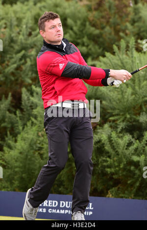 St Andrews, Écosse, Royaume-Uni, 07, octobre 2016. Star rugby irlandais Brian O'Driscoll sur la première pièce en t à Kingsbarns pendant l'Alfred Dunhill Links Championship Crédit : Ken Jack / Alamy Live News Banque D'Images