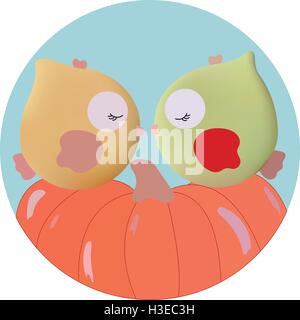 Deux oiseaux mignons sur l'orange citrouille Illustration de Vecteur