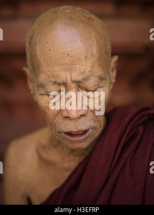 Un moine bouddhiste prie à Yangon, Myanmar (Birmanie) Banque D'Images