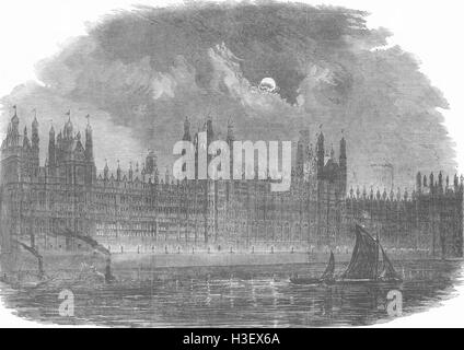 Londres Les nouvelles Maisons du Parlement-river front 1852. Illustrated London News Banque D'Images