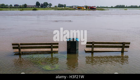 De l'eau élevé sur l'IJssel avec le ferry de Dieren et deux bancs dans l'eau aux Pays-Bas. Banque D'Images