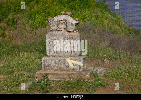 Un marqueur de pierre indique le début de la province de Palencia le long du chemin de Saint Jacques, route Frances Banque D'Images