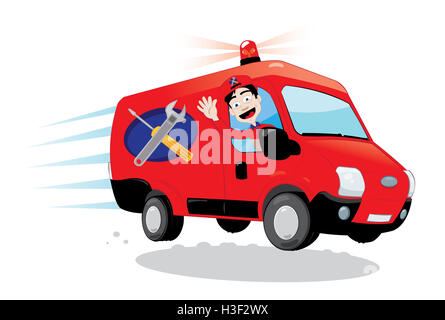 Un vecteur représentant une caricature drôle handyman acclamations et la conduite d'un van rouge avec logo d'outils. Concept assistance Express Banque D'Images