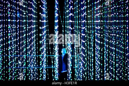 Membre de l'opinion publique à une installation intitulée La Lumière sombre de l'eau ciel pendant la nuit de lumière multi-Leeds événement artistique. Banque D'Images