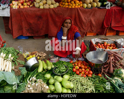 Diu, Gujarat, Inde - Le 22 janvier : hinud femmes vendant des légumes sur la rue dans la ville de diu dans l'état du Gujarat en Inde Banque D'Images