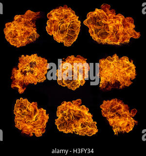 Ensemble de divers genre de flammes, isolé sur fond noir haute résolution. Banque D'Images