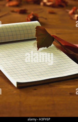 Blocs-notes et feuilles sur la surface en bois Banque D'Images