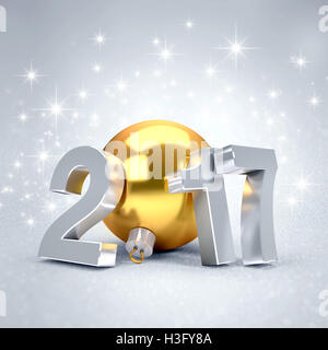 Nouvel An 2017 avec un type gold Christmas ball, sur un fond argenté - 3D illustration Banque D'Images