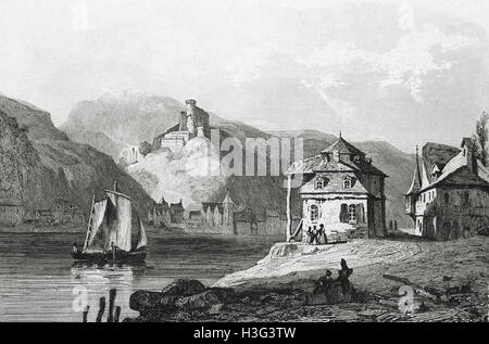 St Goarshausen et ruines du château de Katz, de l'Allemagne. 19ème siècle gravure sur acier par Danvin del Gibert, Lemaitre direxit. Banque D'Images