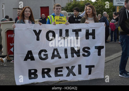 Londonderry, en Irlande du Nord. 8 octobre, 2016. Brexit de protestation. Des centaines de personnes des deux côtés de la frontière irlandaise se retrouvent au Londonderry - Donegal frontier pour protester contre Brexit et l'impact que cela aura sur l'Irlande du Nord et la République d'Irlande. Mettre en place une simulation des manifestants de contrôle des douanes sur la route de passage des frontières. Crédit : George Sweeney / Alamy Live News Banque D'Images