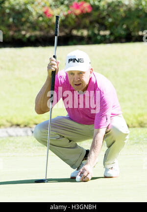 Newport Beach, Californie, USA. 8 octobre 2016. Billy Mayfair aligne un putt sur le quatrième trou au cours de la deuxième ronde de la Classique Toshiba à la Newport Beach Country Club. De : Doug Gifford/ZUMA/Alamy Fil Live News Banque D'Images