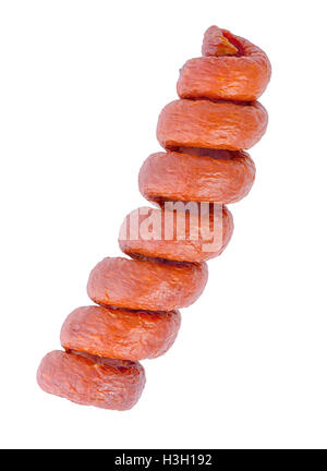 Délicieux délicieux séché fumé, salami saucisses rouges en spirale est isolé sur fond blanc, Close up Banque D'Images