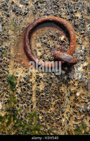 Close Up of Old Rusty Anneau métallique dans le port utilisé pour remorquer les navires Banque D'Images